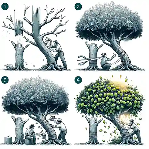 The steps of top working on a mango tree. The first illustration shows an old mango tree with a part of its.